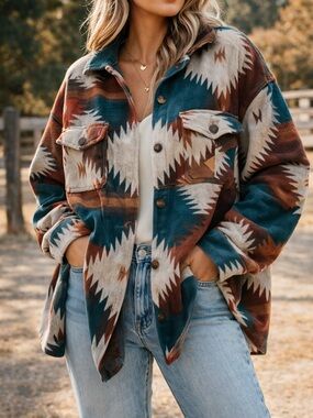 Southwestern Aztec Shacket XL 🤎 Teal Rust Western Jacket EUC